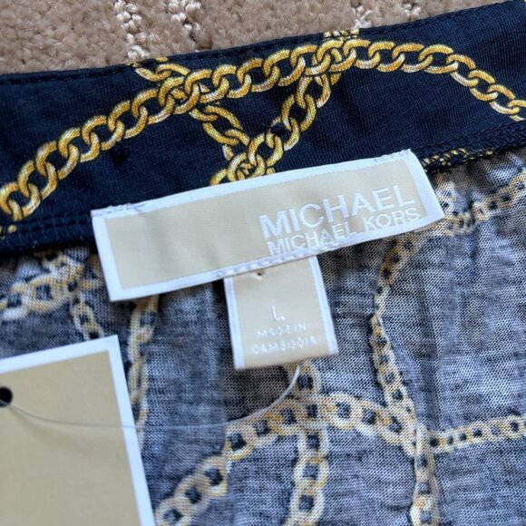 Michael Kors Navy Gold Chain Blouse Women's Large Nautical Peasant MK Logo NWT - Picture 4 of 11